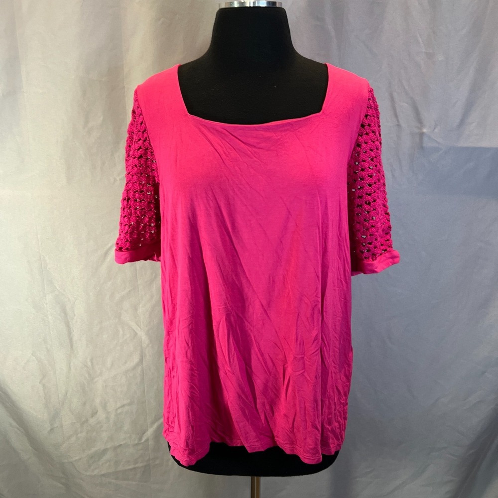 Chico's Touch Of Cool Tee Women XL Fuchsia Pink Stretch Crochet Lace Square Neck